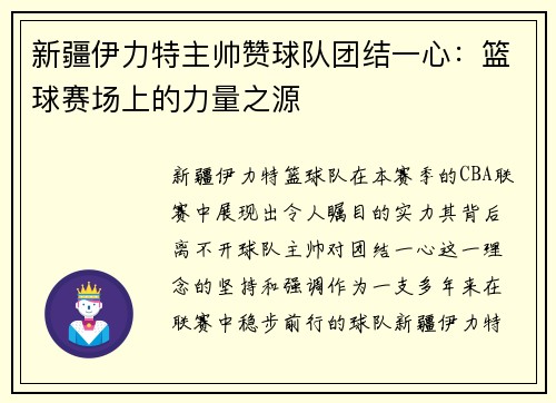 新疆伊力特主帅赞球队团结一心：篮球赛场上的力量之源